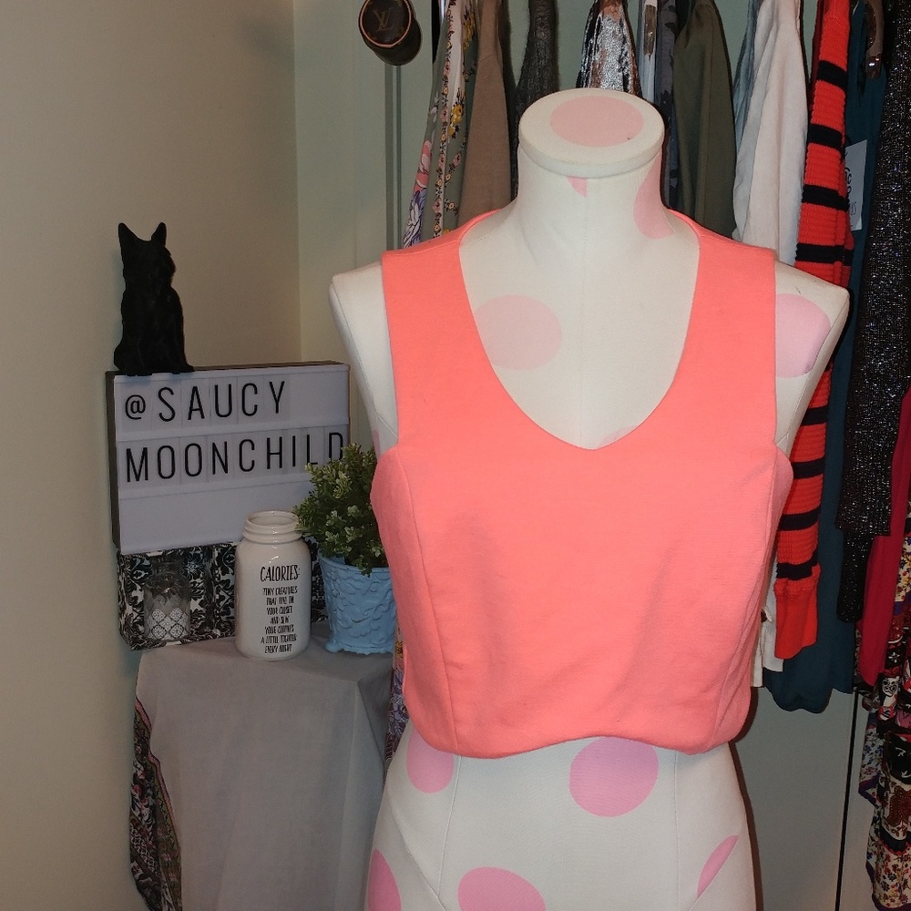 EUC Neon hot coral large zip crop top Ponte